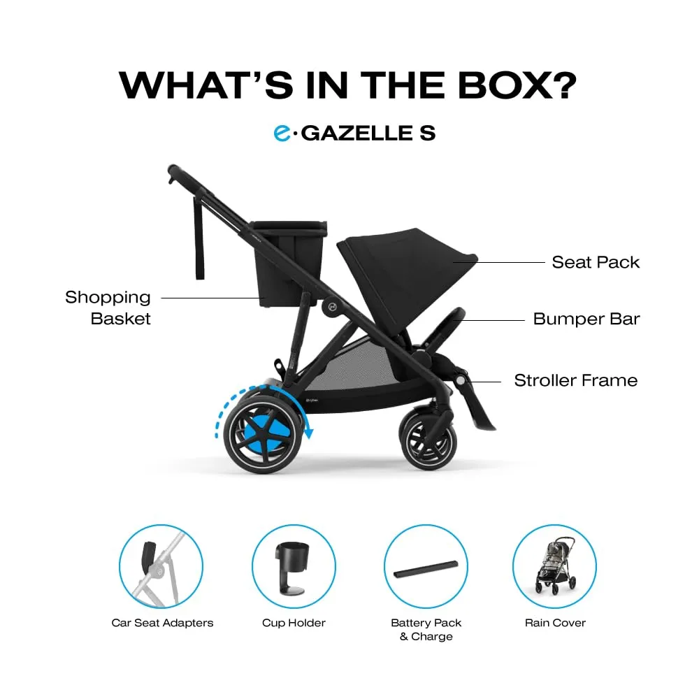 Cybex e-Gazelle S Electronic Assist Stroller – Gazelle S Single-to-Double Electric Stroller, Smart Assist, Rocking Mode, 20  Configurations & Compact Fold, Moon Black with Black Frame