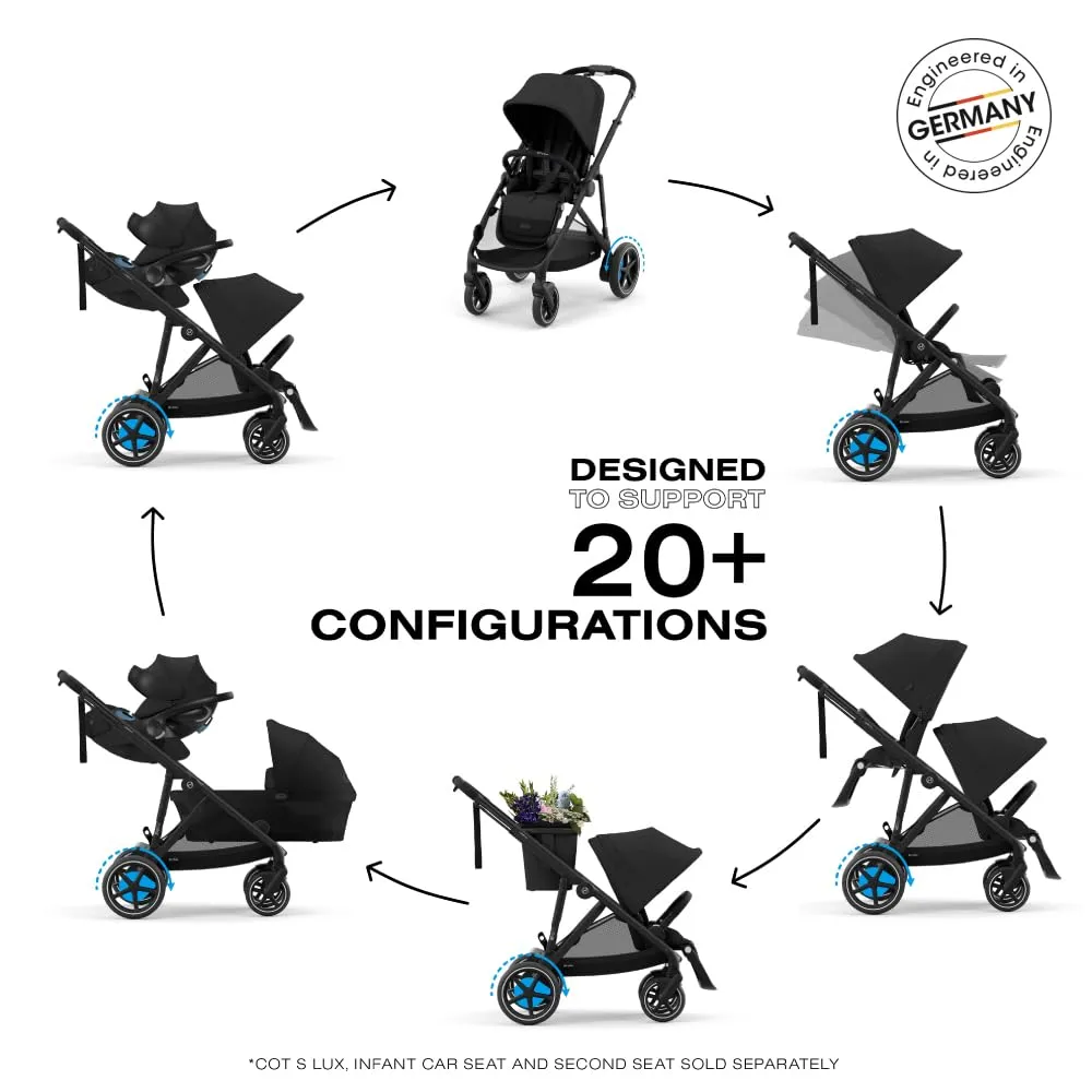 Cybex e-Gazelle S Electronic Assist Stroller – Gazelle S Single-to-Double Electric Stroller, Smart Assist, Rocking Mode, 20  Configurations & Compact Fold, Moon Black with Black Frame