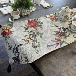 DaDa Bedding Elegant Floral Blue Roses Tapestry Table Runner - Tropical Paradise Exotic Botanical Flowers Birds Nature Garden Berries - Multi-Colorful Linen Woven Kitchen Dining Mats - 13" x 54"
