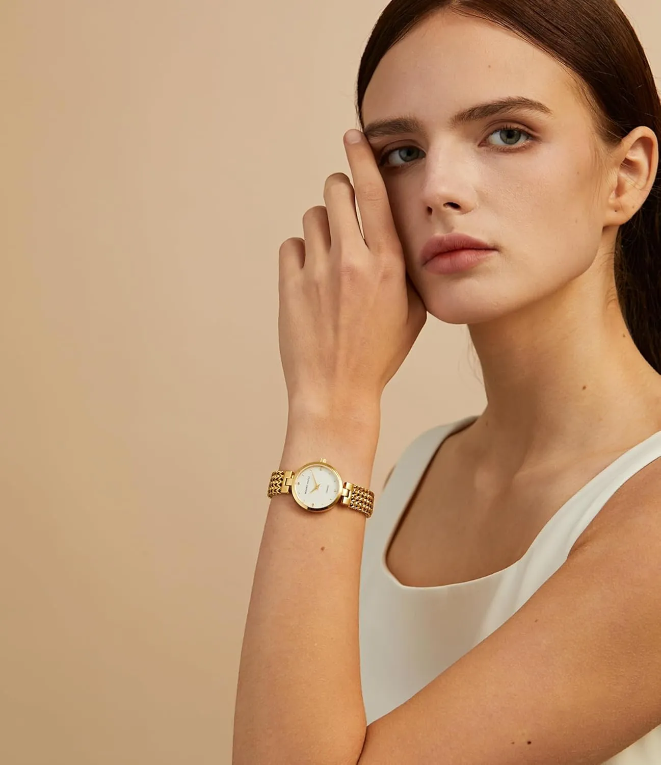Dainty Gold Watch for Women: Mother of Pearl Dial with Diamond Time Markers, Adjustable Bracelet and Stylish Watch Box - Asteroid Series