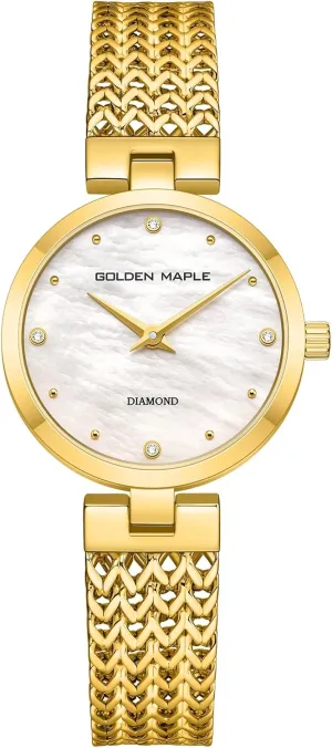 Dainty Gold Watch for Women: Mother of Pearl Dial with Diamond Time Markers, Adjustable Bracelet and Stylish Watch Box - Asteroid Series