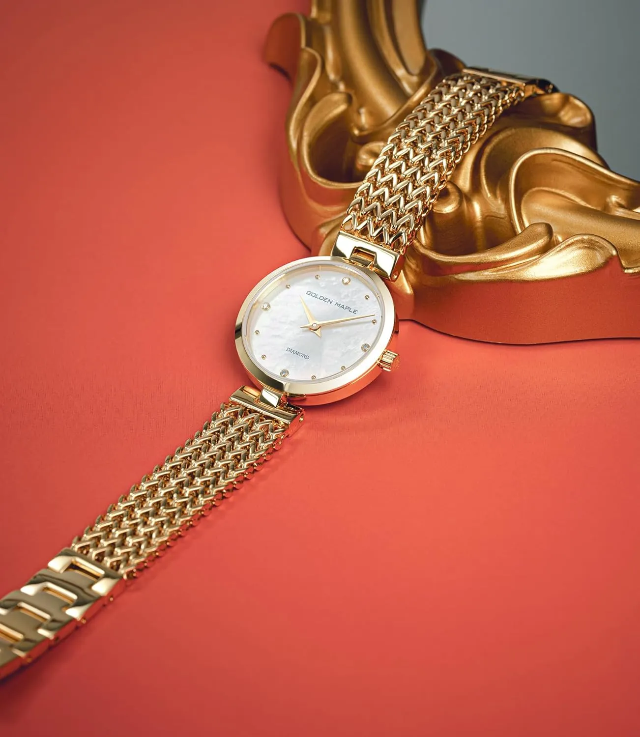 Dainty Gold Watch for Women: Mother of Pearl Dial with Diamond Time Markers, Adjustable Bracelet and Stylish Watch Box - Asteroid Series
