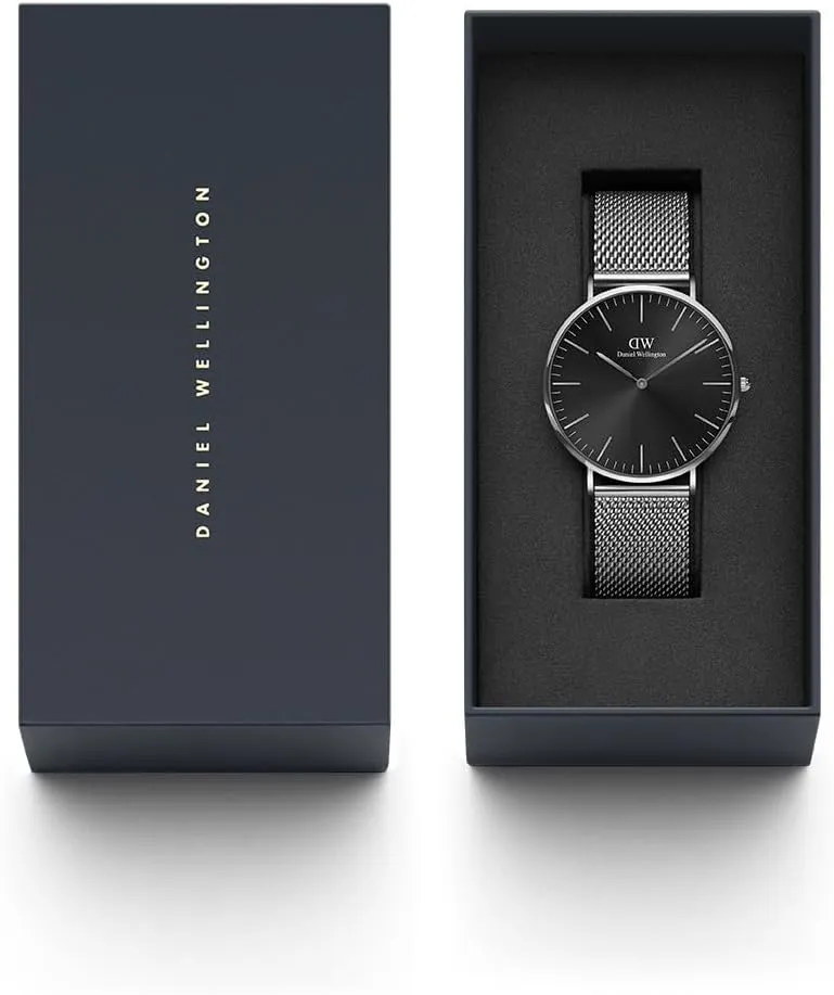 Daniel Wellington Classic Men’s Watch - 40mm Case, Japanese Quartz Movement, Mesh Stainless Steel or Leather Strap, Water Resistant, Analog Watch for Men