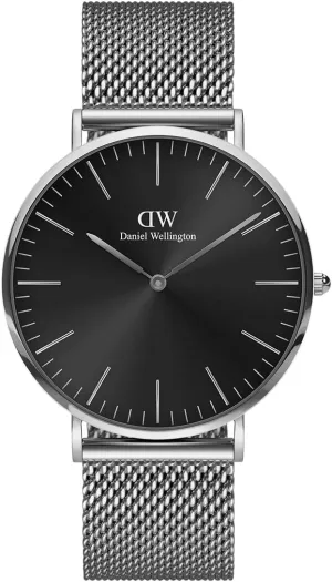 Daniel Wellington Classic Men’s Watch - 40mm Case, Japanese Quartz Movement, Mesh Stainless Steel or Leather Strap, Water Resistant, Analog Watch for Men