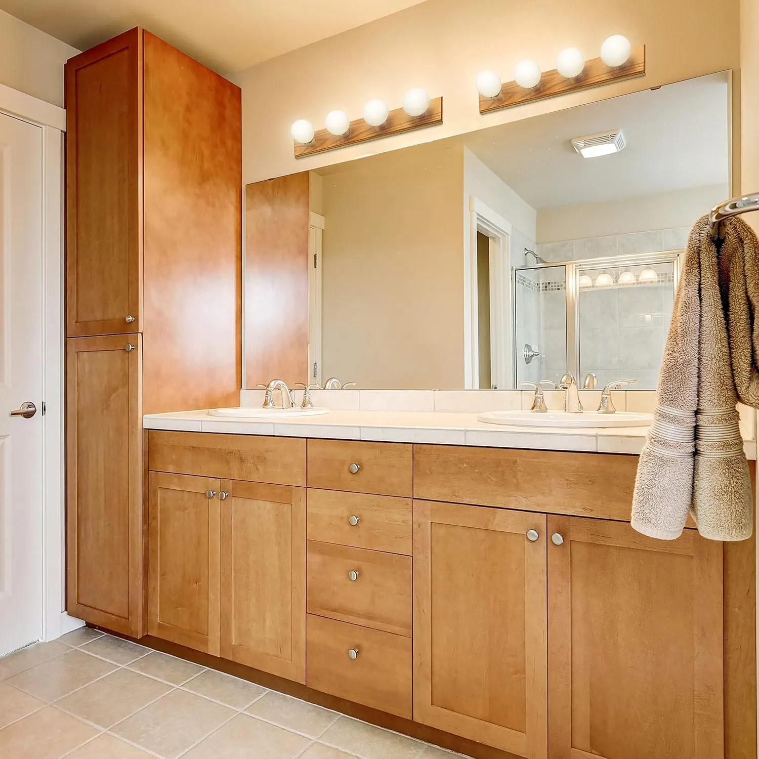 Design House 500207 4-Light Vanity Strip Light Contemporary Dimmable for Bathroom, Bedroom, Makeup Vanity, Honey Oak