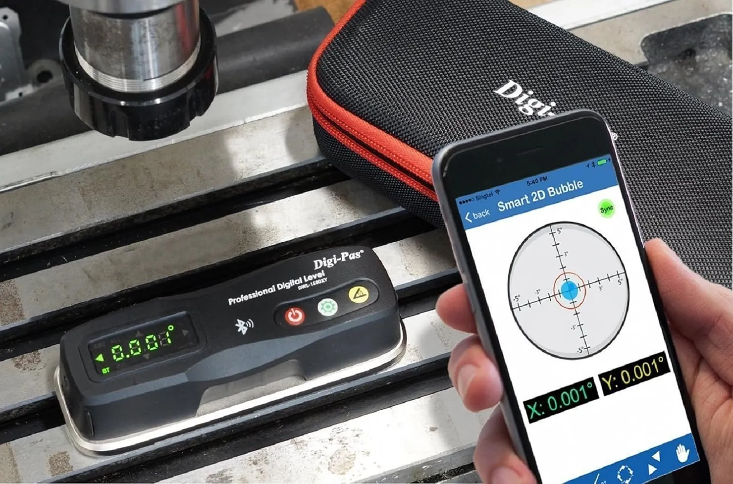 Digi-Pas 2-Axis Smart Master Precision Level DWL1500XY Bluetooth, 0.0002"/ft (0.02 mm/M), Black