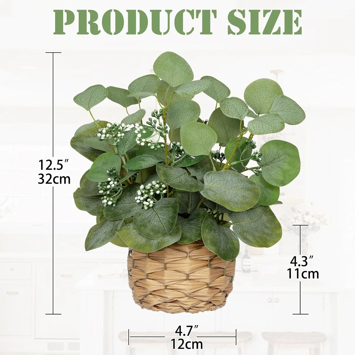 DILATATA Artificial Eucalyptus Stems in Woven Basket Planter, 12" Fake Plant Eucalyptus Leaves with Green Seeds Faux Potted Plant Greenery for Table Centerpiece Office Indoor Home Decor
