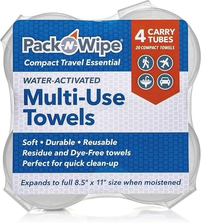 Disposable Compressed Towel Tablets - Absorbent, Durable & Reusable Paper Towels - Great Cleaning Cloths, Camping Towels & Soft, Eco-Friendly Baby Wipes - 8.5”x11” - (20 Towels & 4 Tubes)