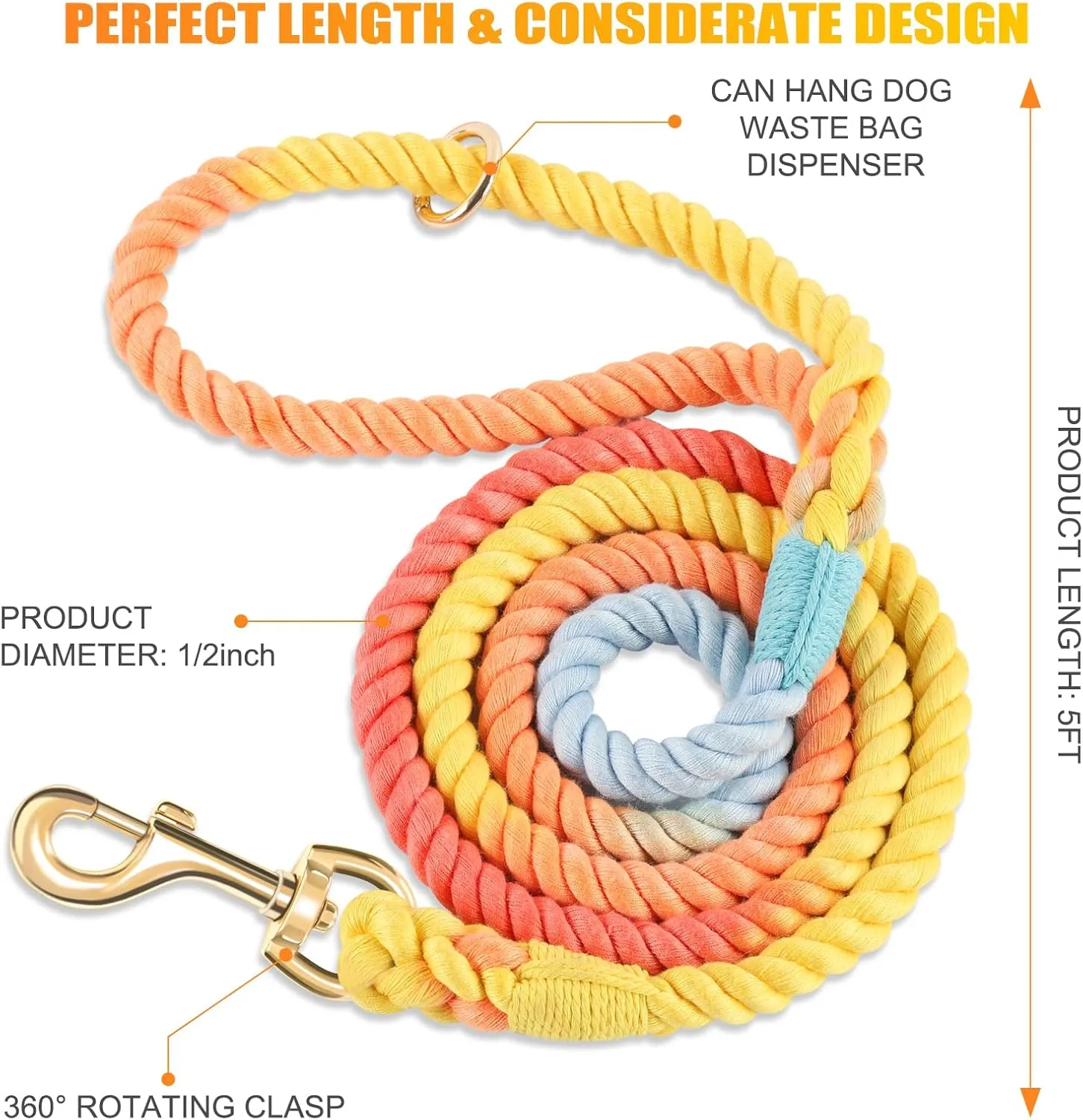 Dog Leash 5 FT Handmade Braided Cotton Rope Leashes for Small Medium and Large Dogs, New Golden Heavy Duty Metal Clasp, Colorful Rainbow
