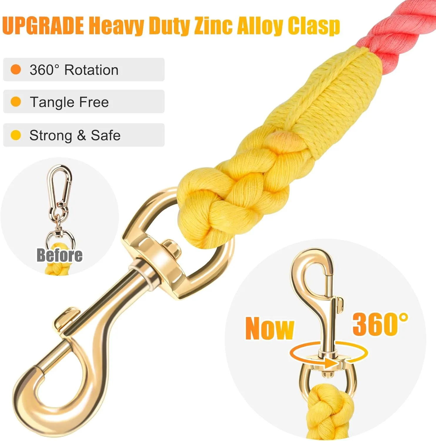 Dog Leash 5 FT Handmade Braided Cotton Rope Leashes for Small Medium and Large Dogs, New Golden Heavy Duty Metal Clasp, Colorful Rainbow