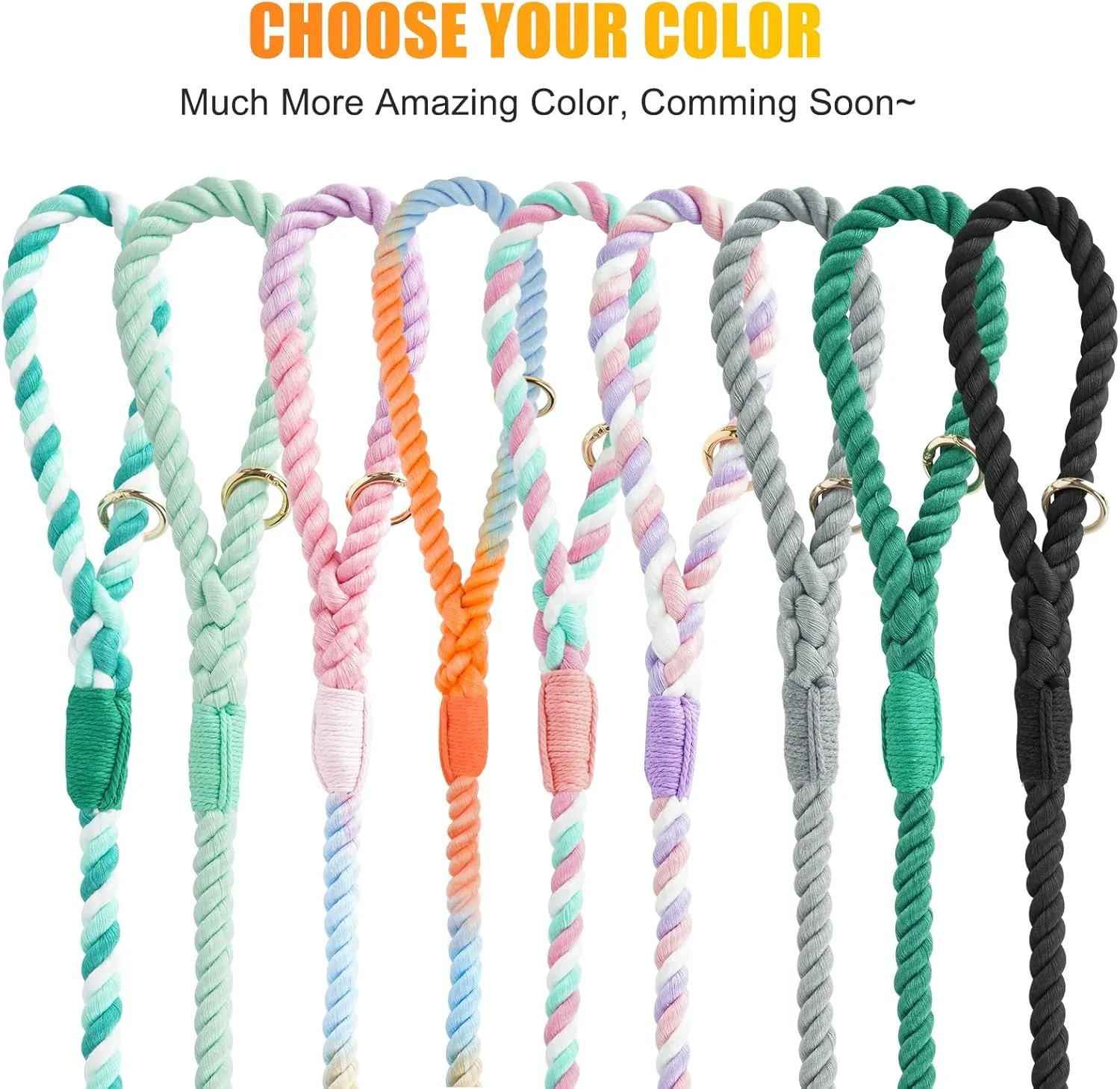Dog Leash 5 FT Handmade Braided Cotton Rope Leashes for Small Medium and Large Dogs, New Golden Heavy Duty Metal Clasp, Colorful Rainbow