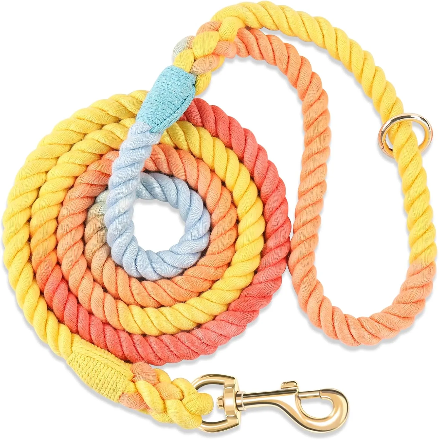 Dog Leash 5 FT Handmade Braided Cotton Rope Leashes for Small Medium and Large Dogs, New Golden Heavy Duty Metal Clasp, Colorful Rainbow