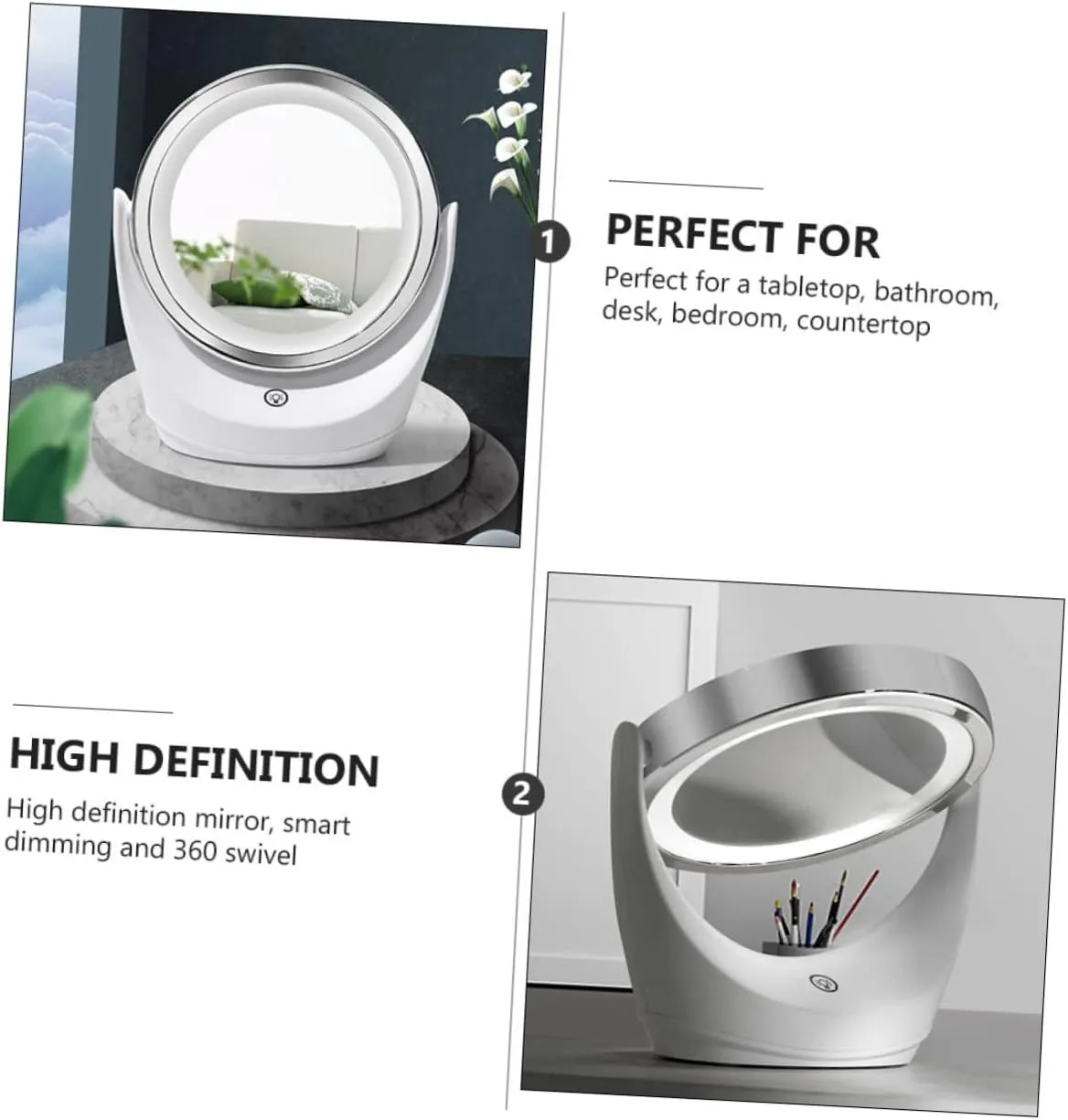 DOITOOL 1pc Swivel Smart Dimming Led Makeup Mirror Usb Rechargeable Vanity Tabletop Mirror for Bedroom Chic Design with Brightness and Elegant Style