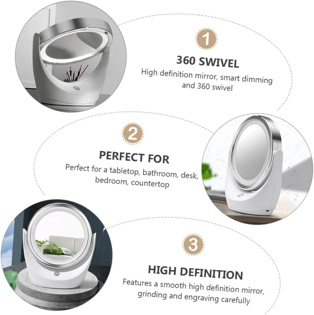 DOITOOL 1pc Swivel Smart Dimming Led Makeup Mirror Usb Rechargeable Vanity Tabletop Mirror for Bedroom Chic Design with Brightness and Elegant Style