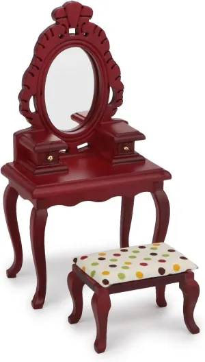 Dollhouse Makeup Vanity with Mirror & Stool 1/12 Miniature Makeup Furniture Set, Wooden Dressing Table Bedroom Dresser Table Doll House Toilet Table Accessorie (Red)