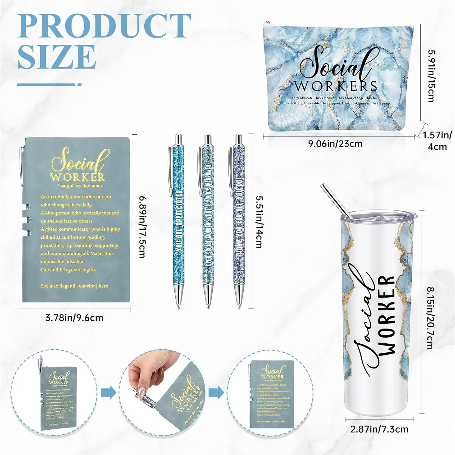 Domensi 6 Pcs Social Worker Appreciation Gifts for Women Include 20oz Tumbler Makeup Bag A6 Leather Notebook with Ballpoint Pens Graduation School Social Worker Gift for Boss Professor Office(Blue)