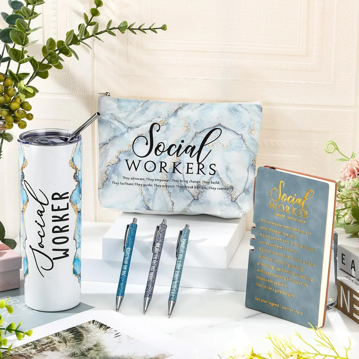 Domensi 6 Pcs Social Worker Appreciation Gifts for Women Include 20oz Tumbler Makeup Bag A6 Leather Notebook with Ballpoint Pens Graduation School Social Worker Gift for Boss Professor Office(Blue)