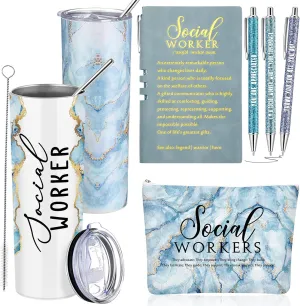 Domensi 6 Pcs Social Worker Appreciation Gifts for Women Include 20oz Tumbler Makeup Bag A6 Leather Notebook with Ballpoint Pens Graduation School Social Worker Gift for Boss Professor Office(Blue)