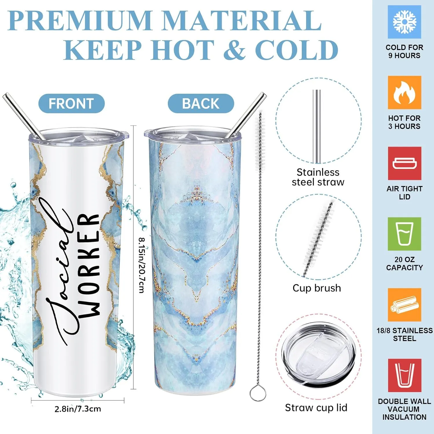 Domensi 6 Pcs Social Worker Appreciation Gifts for Women Include 20oz Tumbler Makeup Bag A6 Leather Notebook with Ballpoint Pens Graduation School Social Worker Gift for Boss Professor Office(Blue)