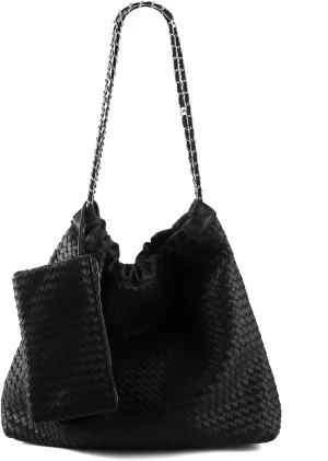 Drawstring Bag for Women Leather Tote Large Capacity Travel Handbag and Purse Foldable Handmade Woven Shoulder Bag