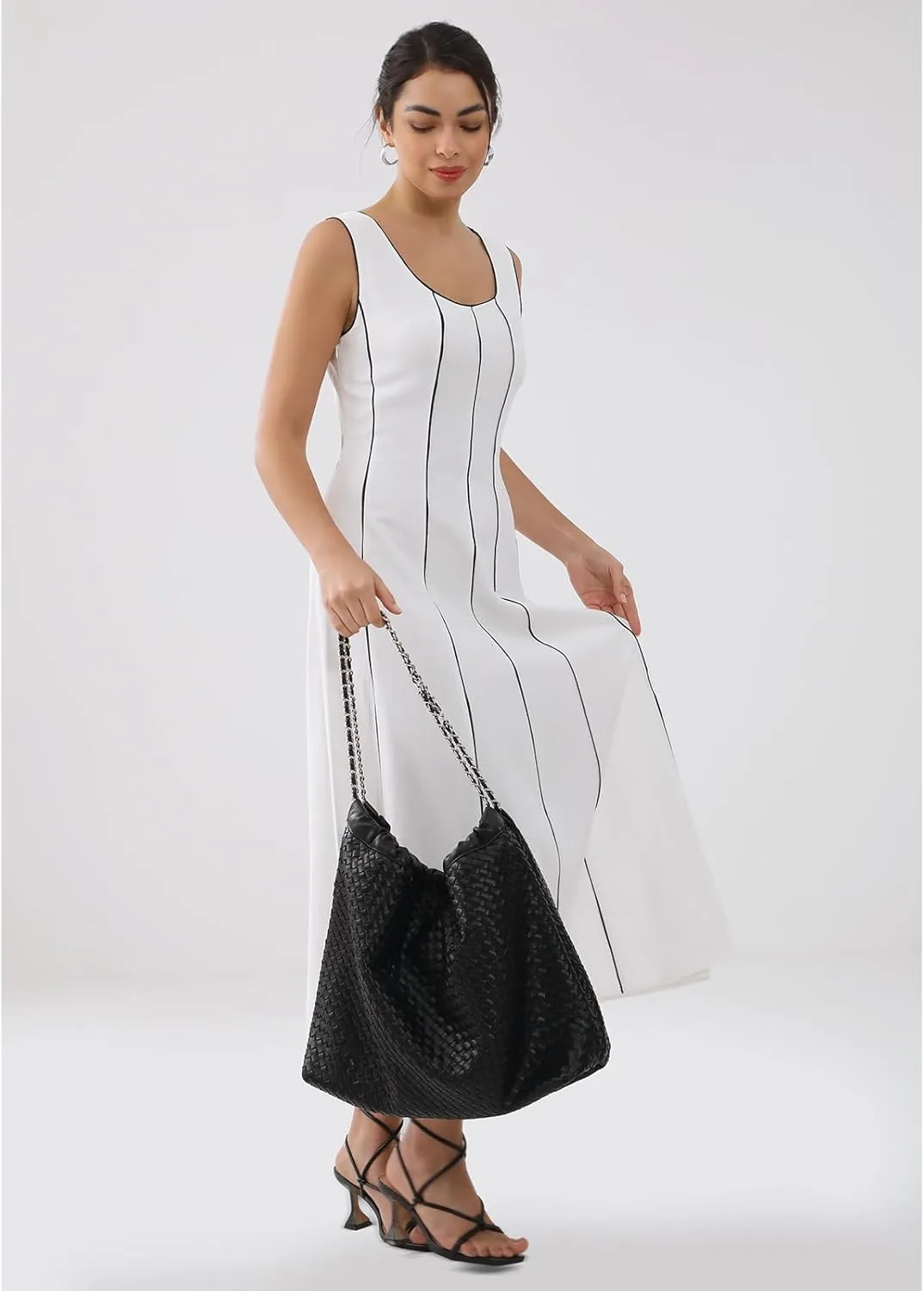 Drawstring Bag for Women Leather Tote Large Capacity Travel Handbag and Purse Foldable Handmade Woven Shoulder Bag