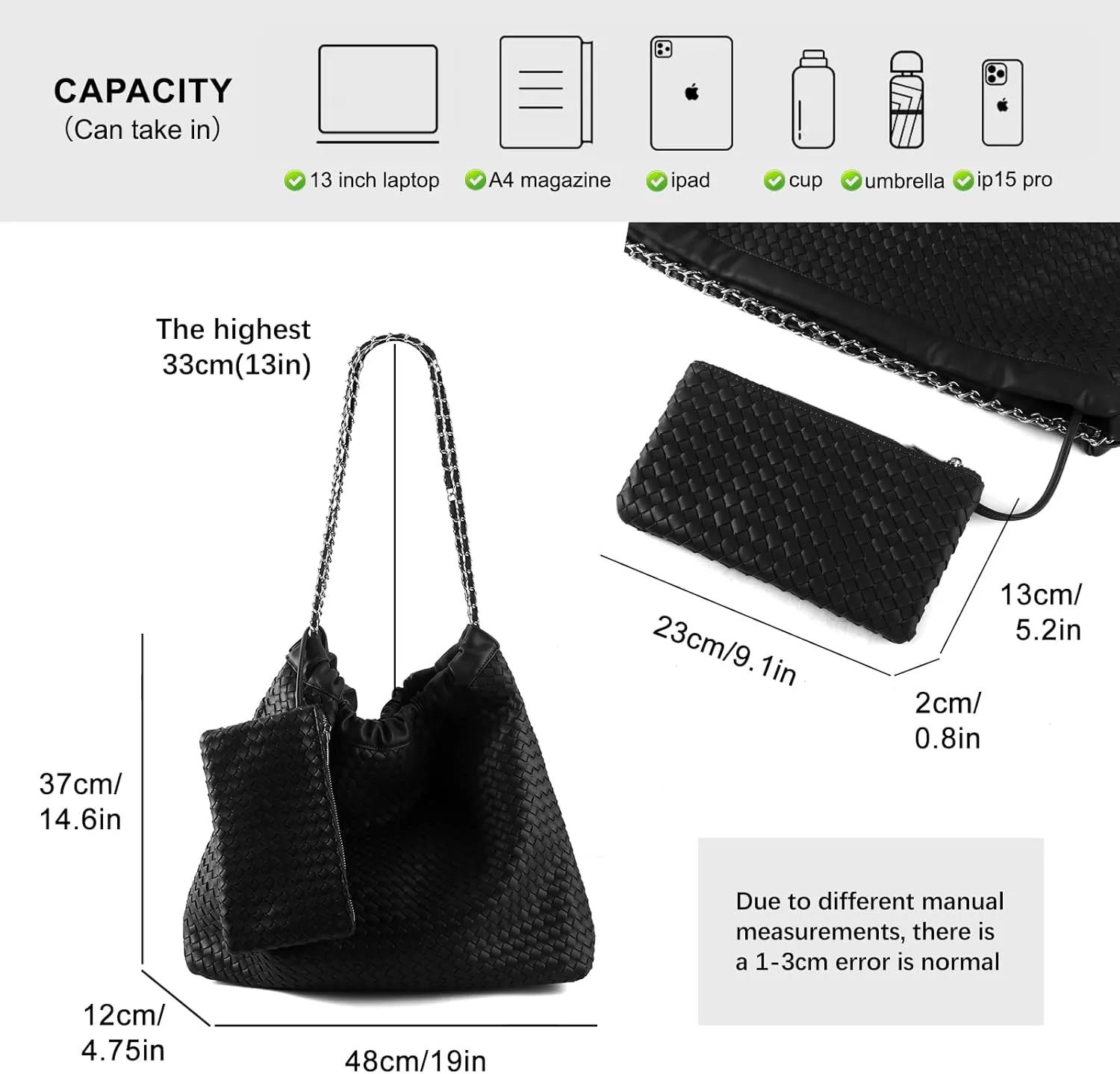Drawstring Bag for Women Leather Tote Large Capacity Travel Handbag and Purse Foldable Handmade Woven Shoulder Bag