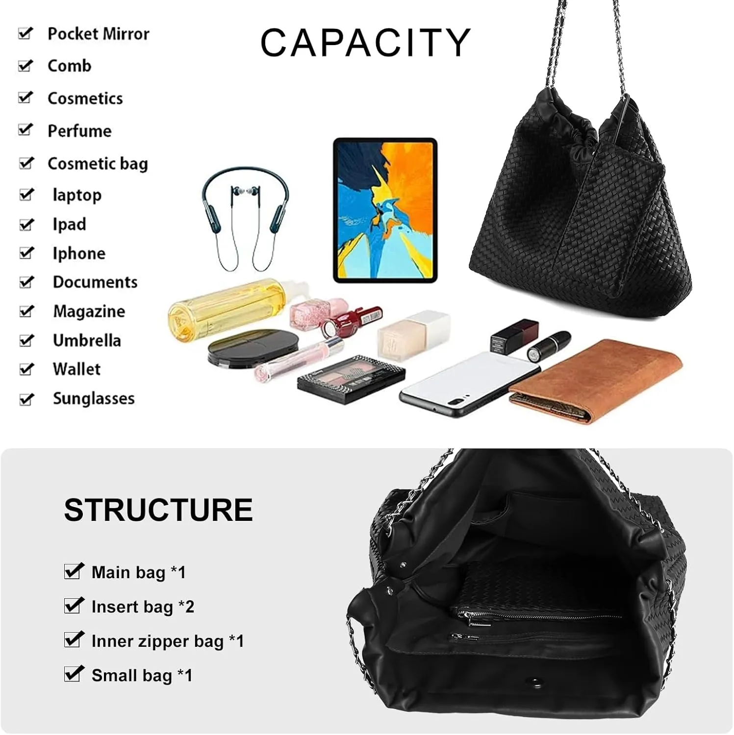 Drawstring Bag for Women Leather Tote Large Capacity Travel Handbag and Purse Foldable Handmade Woven Shoulder Bag