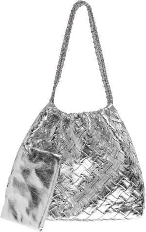 Drawstring Woven Shoulder Bag for Women, Large Vegan Leather Tote Bag Summer Beach Handbag with Purse Satchel Bag
