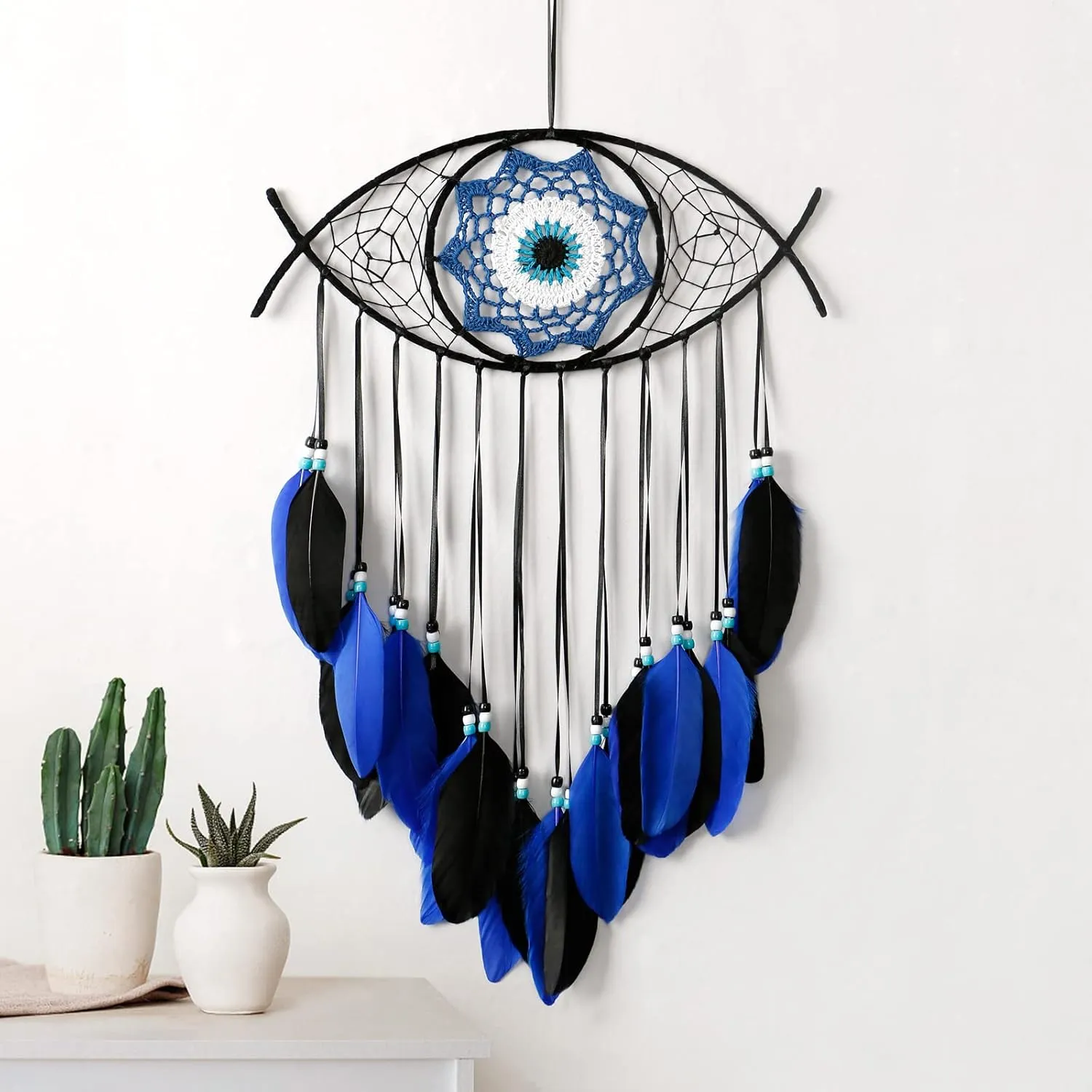 Dremisland Evil Eye Dream Catcher-Blue Black Dream Catchers Handmade Feather Evil Eye Wall Hanging Ornament Home Decor for Bedroom Livingroom Yard, Blessing Craft Gift Bring Good Luck (Blue-Black)