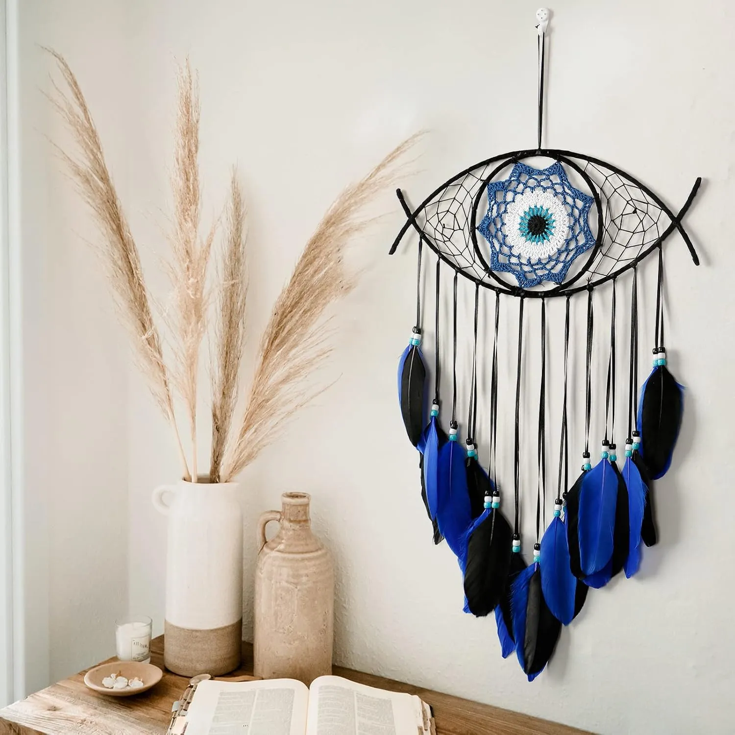 Dremisland Evil Eye Dream Catcher-Blue Black Dream Catchers Handmade Feather Evil Eye Wall Hanging Ornament Home Decor for Bedroom Livingroom Yard, Blessing Craft Gift Bring Good Luck (Blue-Black)