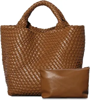 Dyalsa Woven Bag for Women, Vegan Leather Tote Bag Large Summer Beach Handbag Purse Retro Handmade Travel Shoulder Bag Set