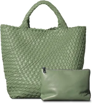Dyalsa Woven Bag for Women, Vegan Leather Tote Bag Large Summer Beach Handbag Purse Retro Handmade Travel Shoulder Bag Set