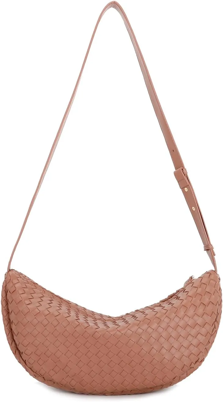 E Woven Crescent Shoulder Bag for Women with Adjustable Strap