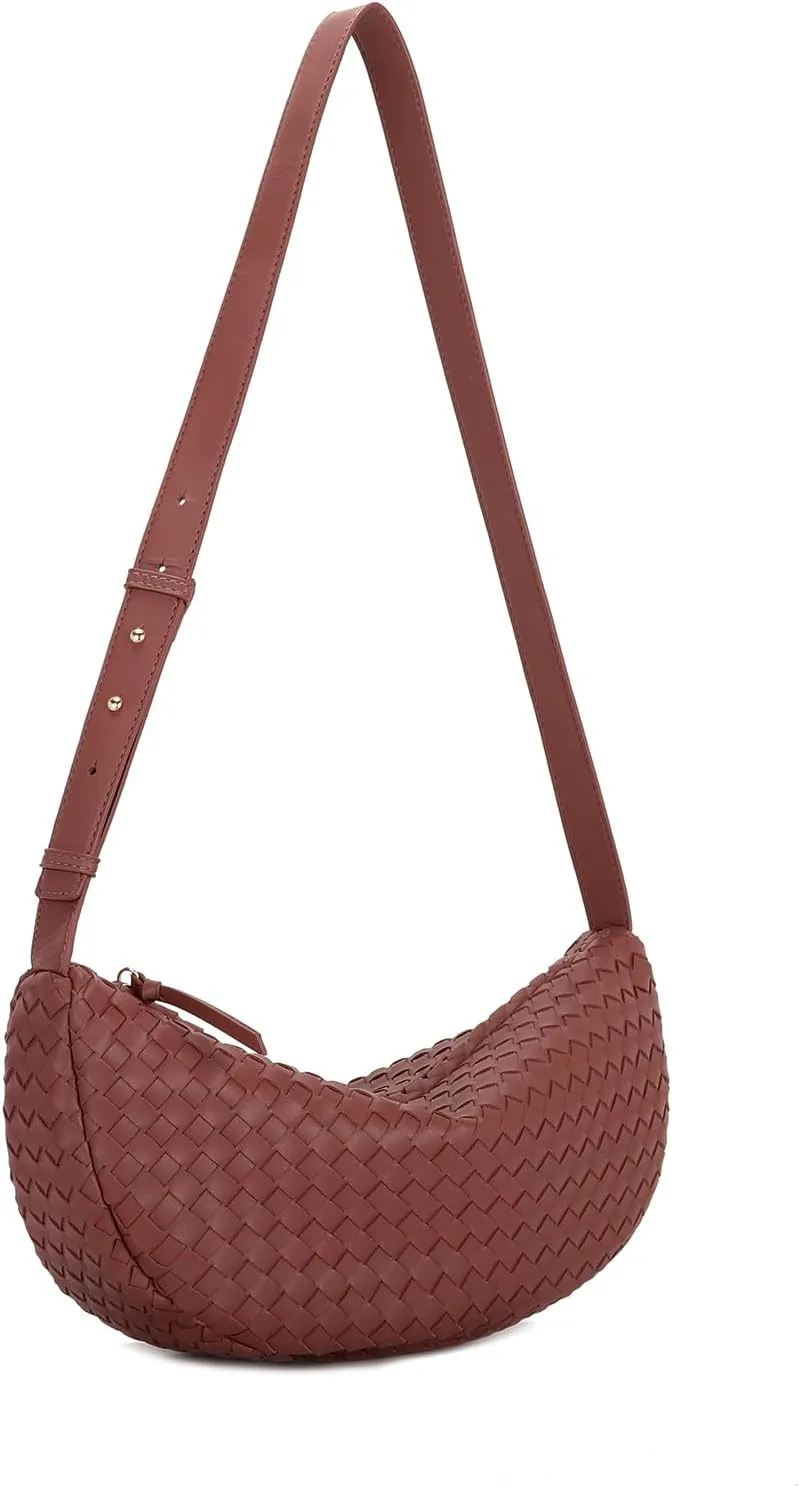 E Woven Crescent Shoulder Bag for Women with Adjustable Strap