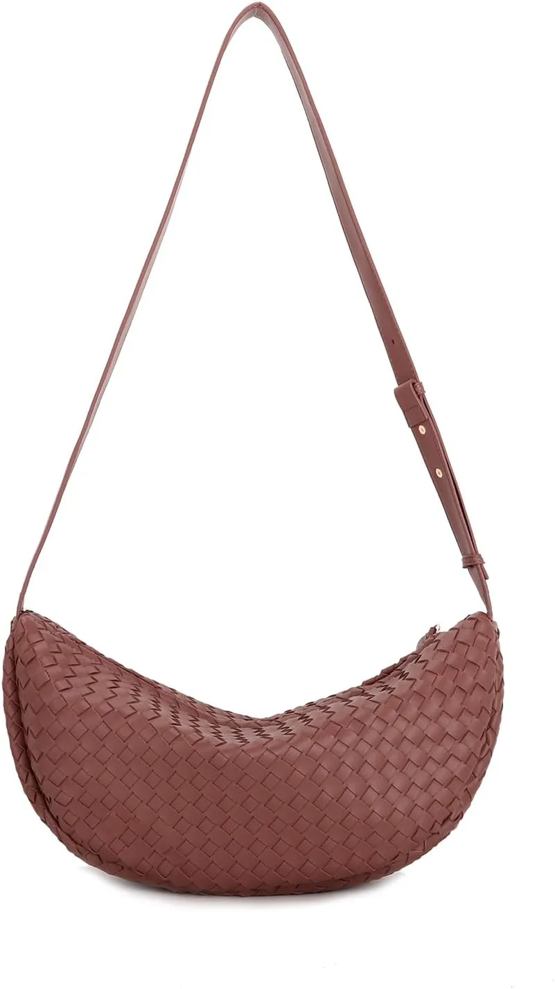 E Woven Crescent Shoulder Bag for Women with Adjustable Strap