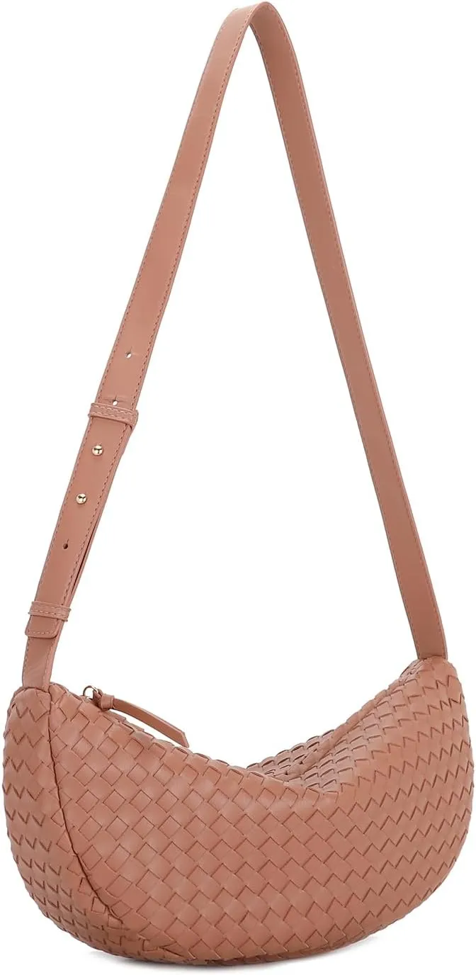 E Woven Crescent Shoulder Bag for Women with Adjustable Strap