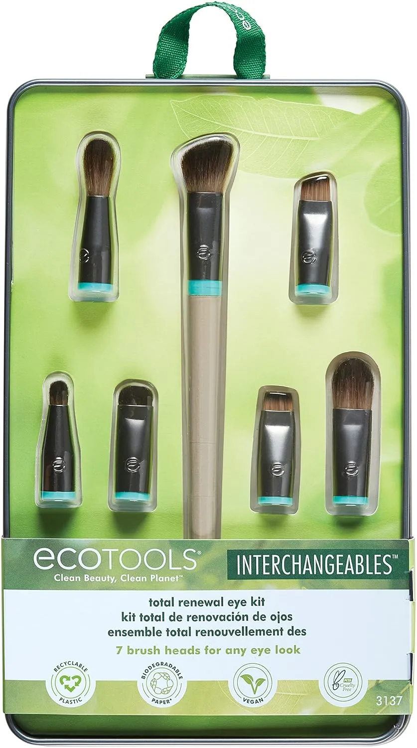 EcoTools Interchangeables Total Renewal Eye Makeup Brush Kit, Customizable Makeup Brushes for Eyeshadow, Travel-Friendly Kit, Eco-Friendly Synthetic Bristles, Cruelty Free & Vegan, 9 Piece Set