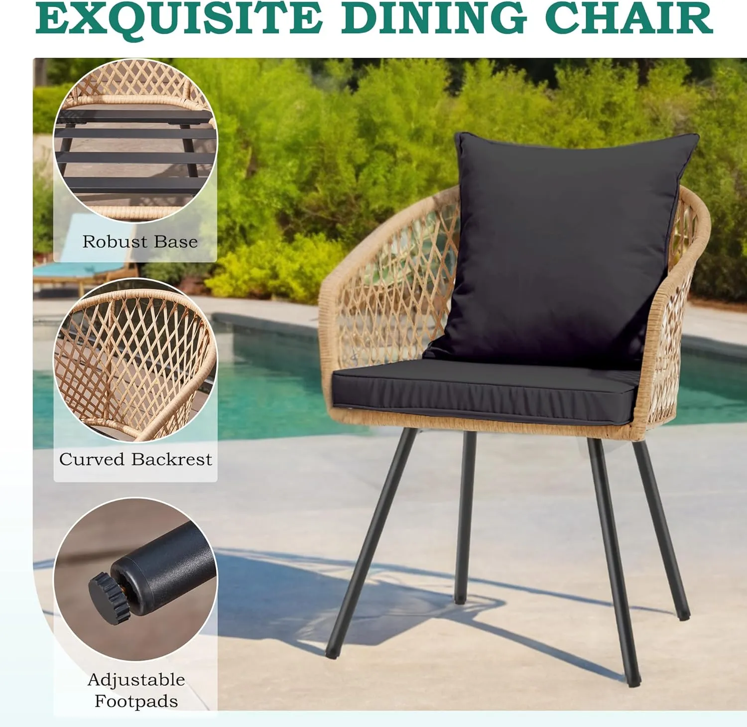 ECOTOUGE 5 Piece Patio Dining Set, Wicker Outdoor Furniture Set w/Glass Square Table, 4 PCS Chairs w/Waterproof Cushions for Backyard Garden Deck, Yellow/Black
