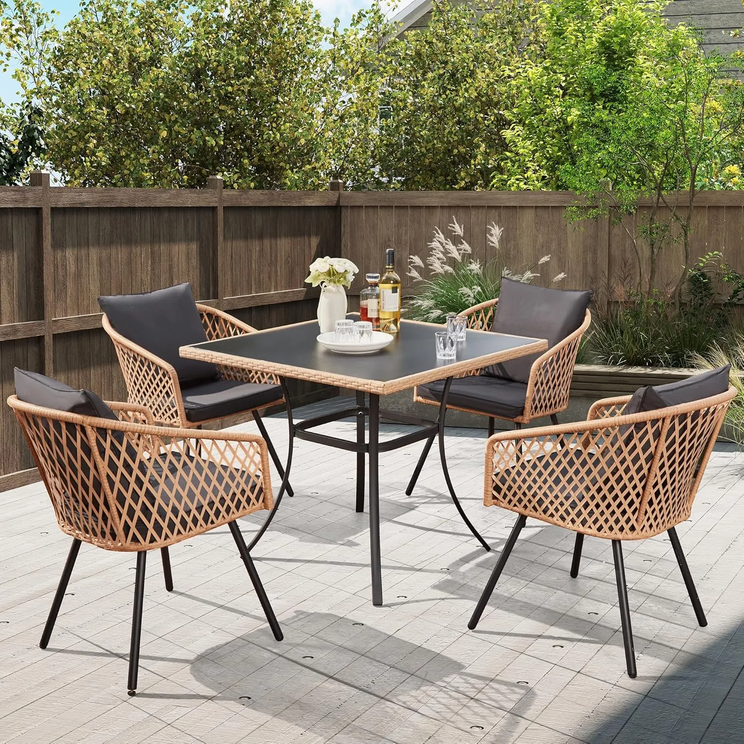 ECOTOUGE 5 Piece Patio Dining Set, Wicker Outdoor Furniture Set w/Glass Square Table, 4 PCS Chairs w/Waterproof Cushions for Backyard Garden Deck, Yellow/Black
