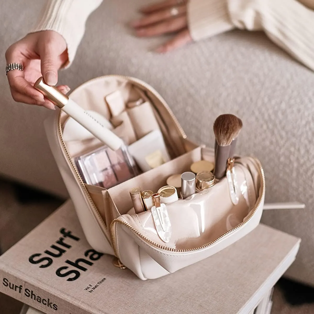 Elegant Portable Puffer Cosmetic Bag for Women with Compartments Large Capacity Travel Makeup Bag for Purse (Beige)