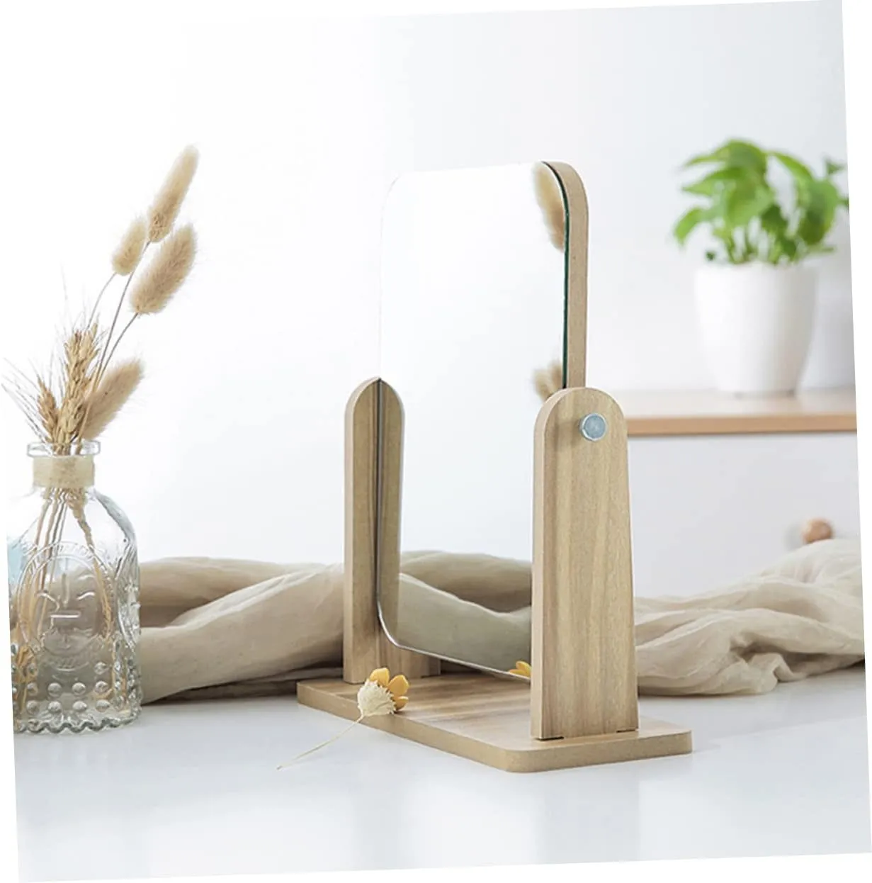 Elegant Wooden Frame Makeup Mirror Rotating Desktop Mirror for Women for Quick Touch-ups