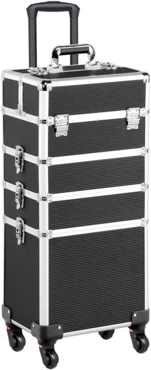 Extra Large Makeup Trolley Cosmetic Case Organiser Beauty Trolley on Wheels Vanity Case with Adjustable Dividers (Black, 4 in 1)