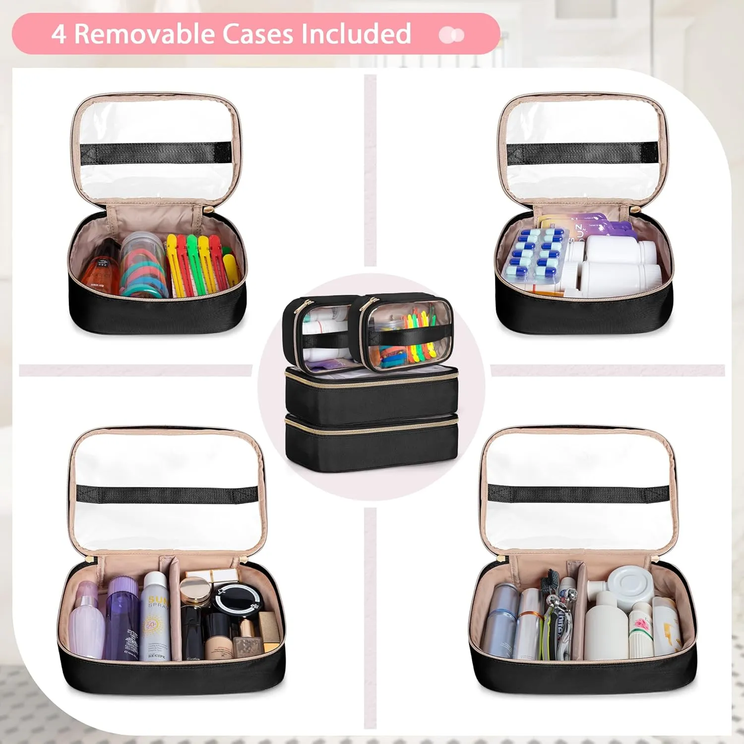 Extra Large Toiletry Bag for Women with 4 Individual Cases, Large Travel Makeup Organizer Bag with Hair Tool Pocket and Makeup Brushes Compartment, Black
