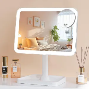 Famihomii Makeup Mirror with Lights, Rechargeable Lighted Makeup Mirror with 3 Color LED Lights, 360° Rotation and 2000mAh Battery Detachable Vanity Mirror with Storage Room Decor for Girls