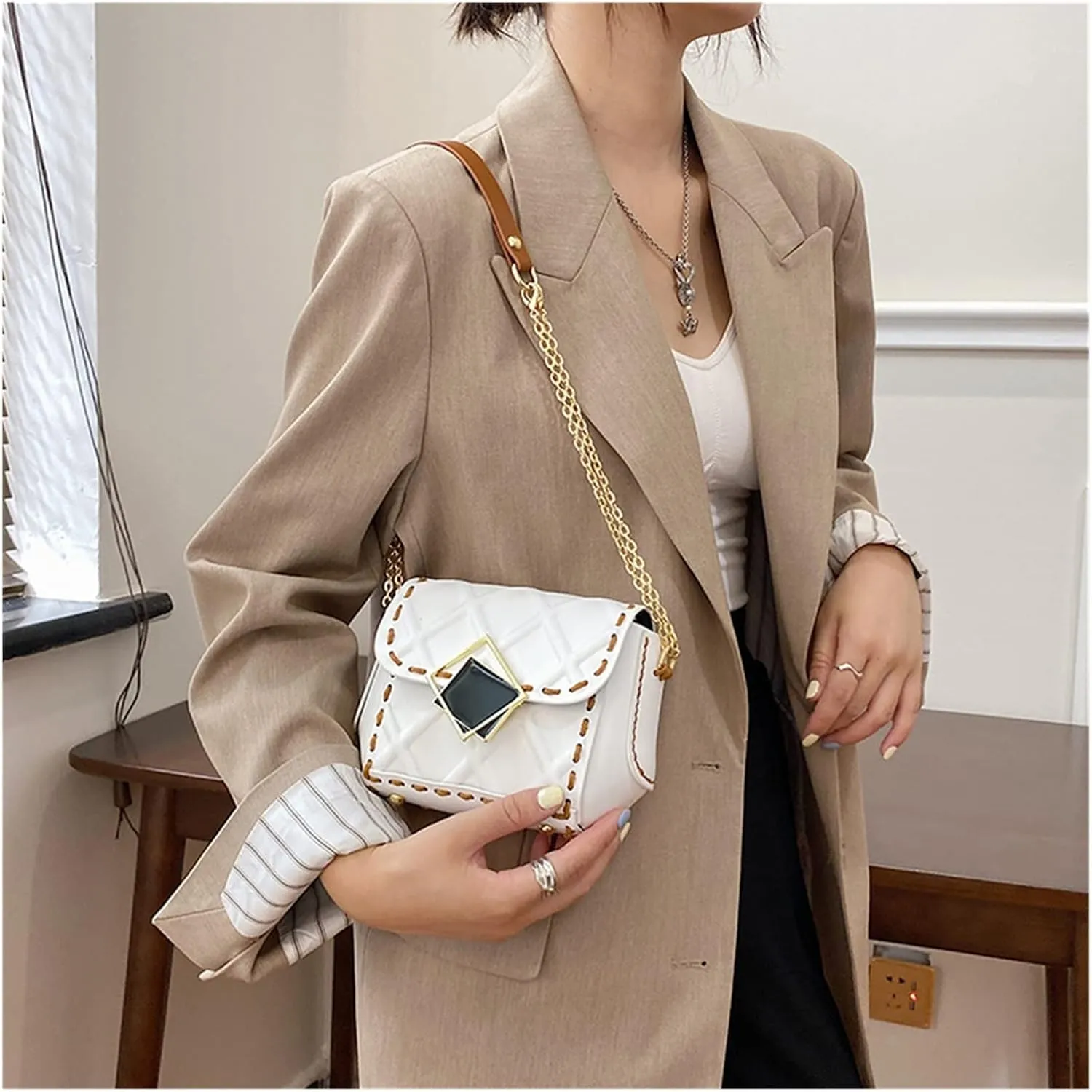 Fashion Chain Messenger Bag Material Woven Set Hand Stitching Shoulder Strap Sew Handle DIY Handmade Bag for Women(Gray)
