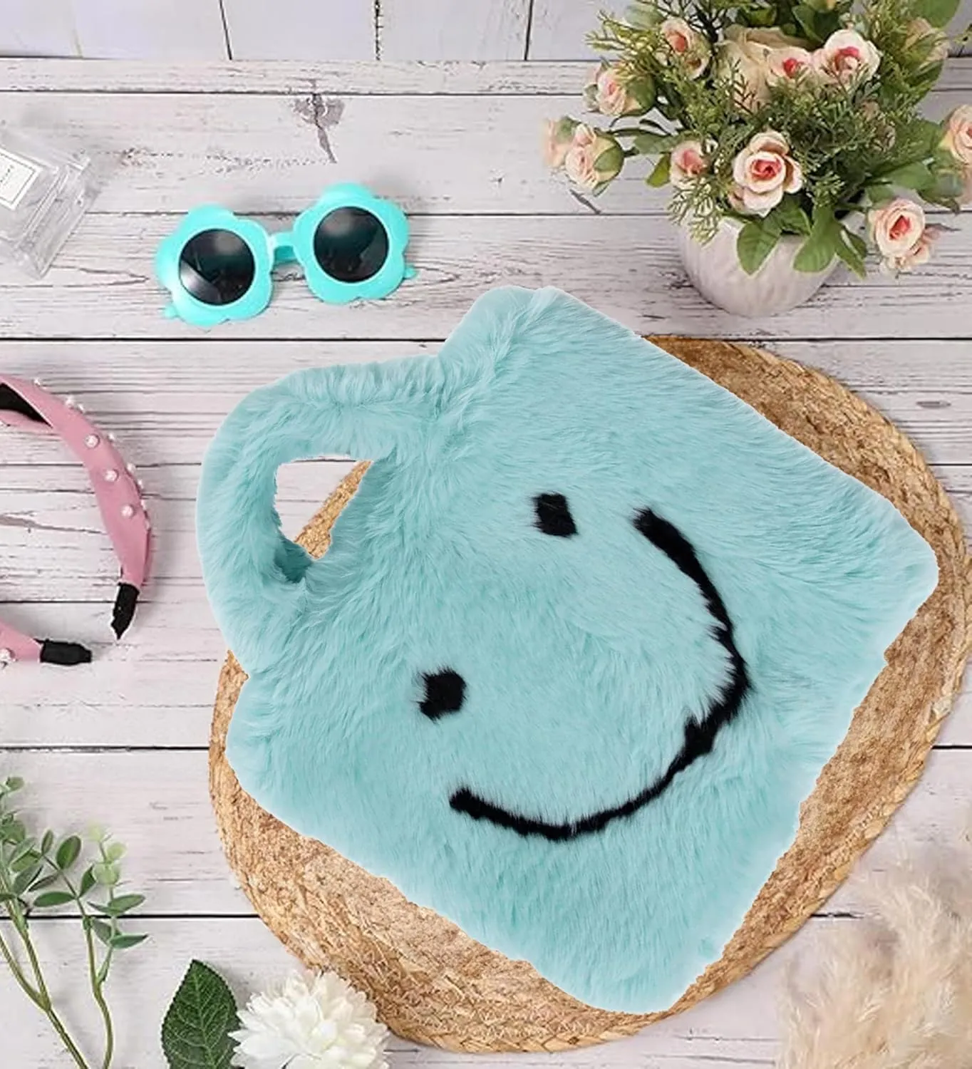 Faux Fur Fuzzy Happy Face Purse - Trendy Girls Accessory Crossbody Bag with Chain Strap Soft Secure Snap Closure