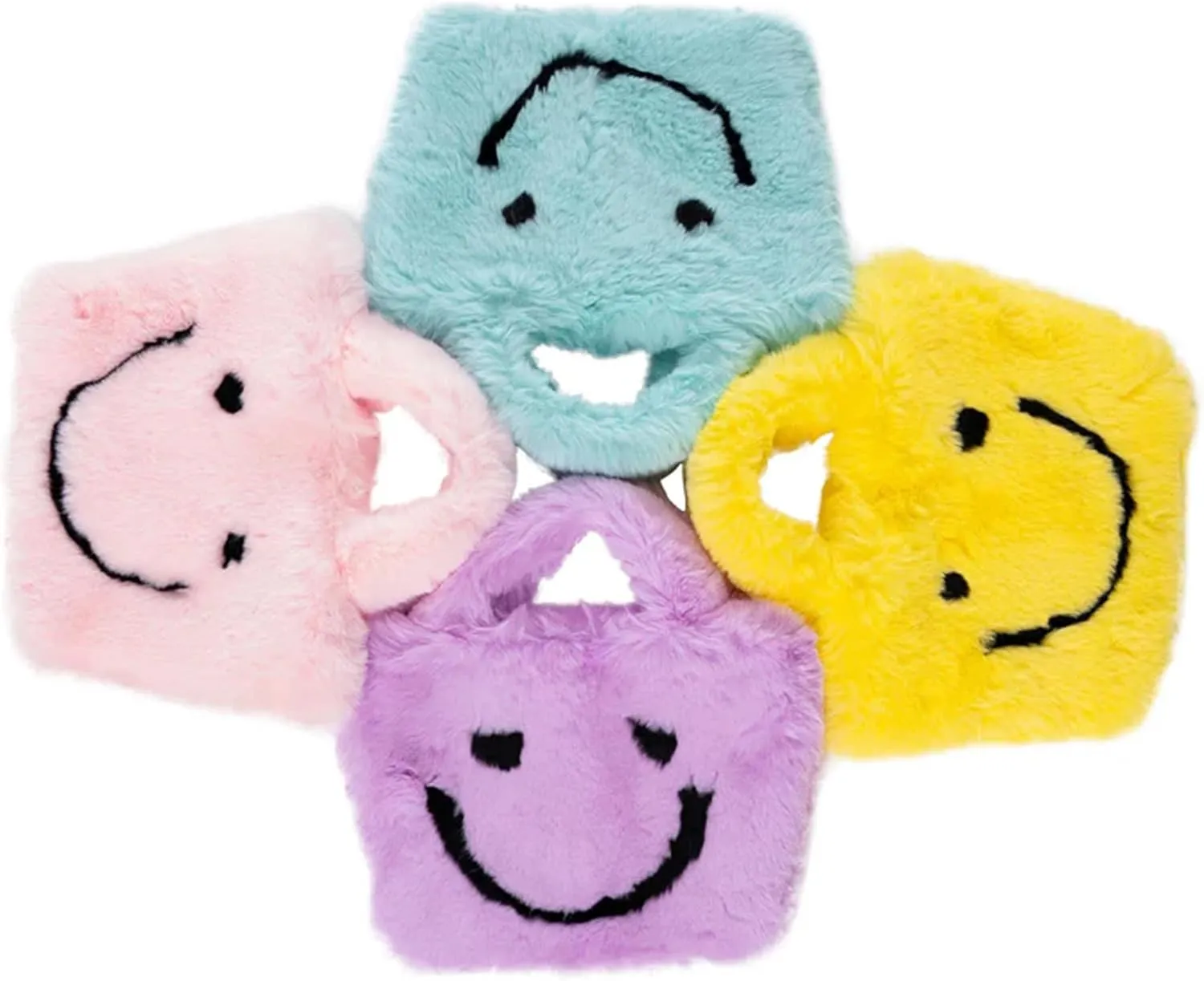 Faux Fur Fuzzy Happy Face Purse - Trendy Girls Accessory Crossbody Bag with Chain Strap Soft Secure Snap Closure