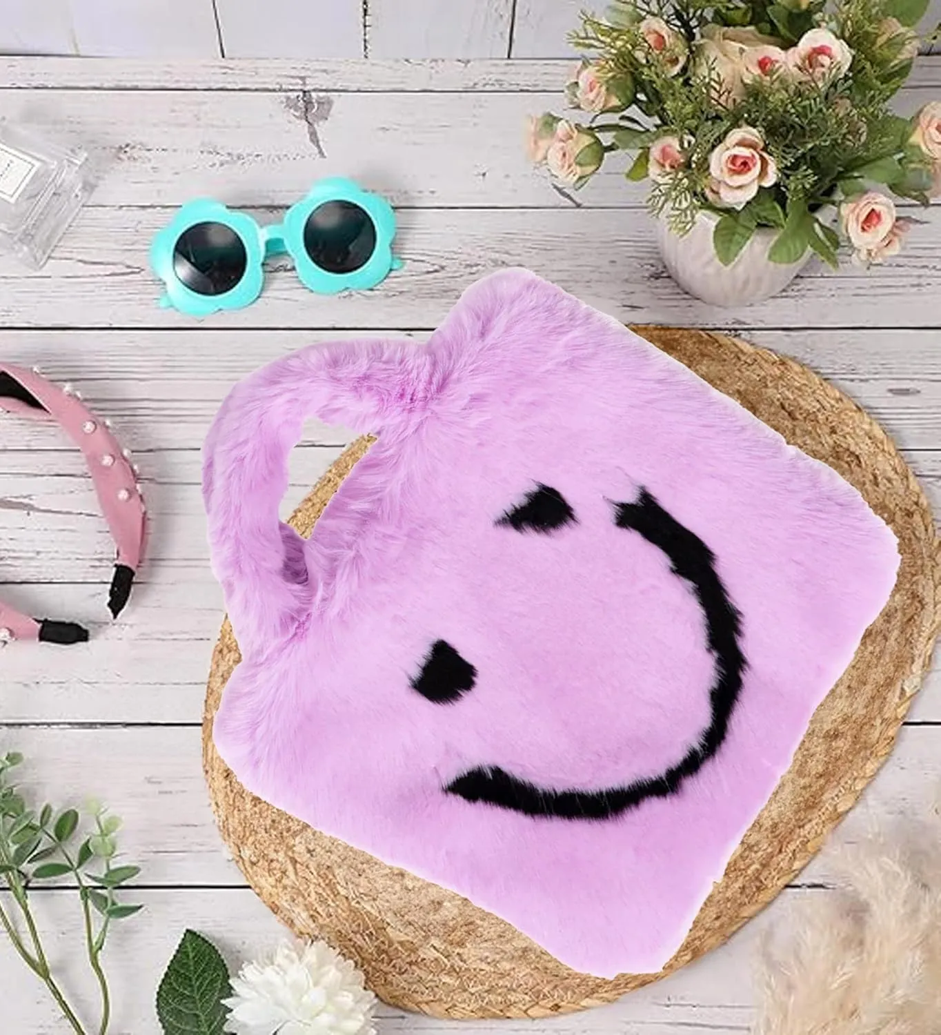Faux Fur Fuzzy Happy Face Purse - Trendy Girls Accessory Crossbody Bag with Chain Strap Soft Secure Snap Closure