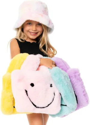 Faux Fur Fuzzy Happy Face Purse - Trendy Girls Accessory Crossbody Bag with Chain Strap Soft Secure Snap Closure
