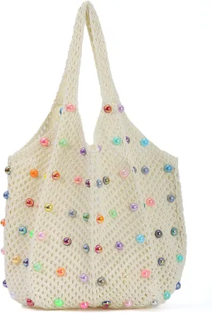 Fecialy Boho Crochet Beach Tote Bag with Colored Beads Summer Knit Shoulder Bag Woven Casual Organizer Handbag